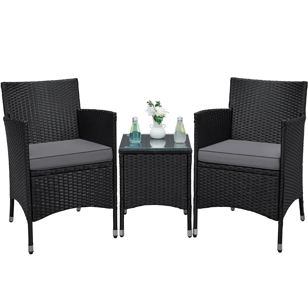 Topeakmart Set of 3 Rattan Chairs & Table for Outdoor Garden Furniture Set Black/Gray