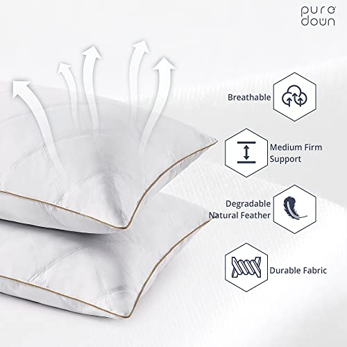 puredown® Goose Feathers and Down Pillow for Sleeping Gusseted Bed Hotel Collection Pillows, Queen, Set of 2