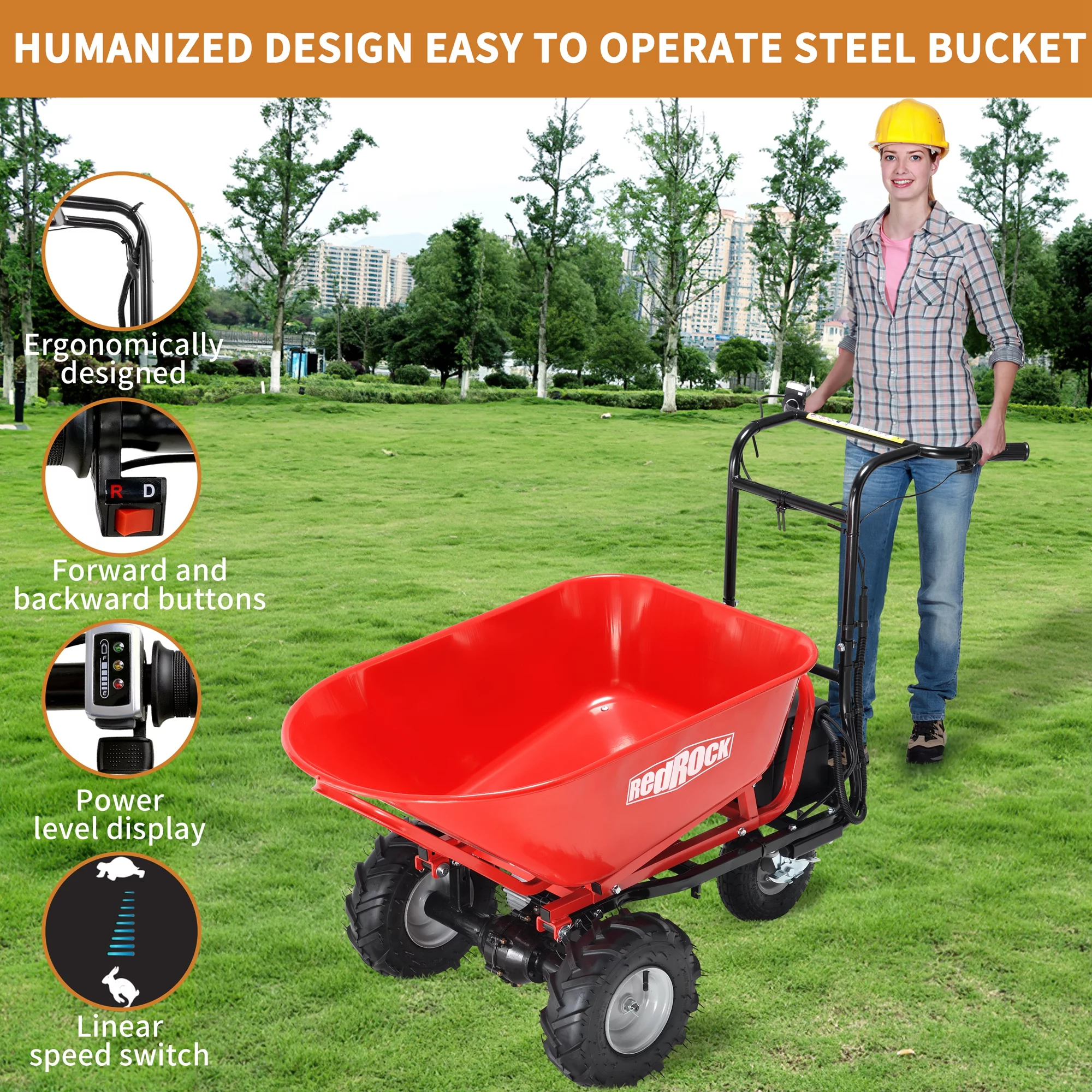 RedRock Electric Wheelbarrow Utility Cart - 48V28Ah 500W, 500lbs Capacity, Steel Construction, 1000lbs Towing, Ideal for Garden and Construction Work