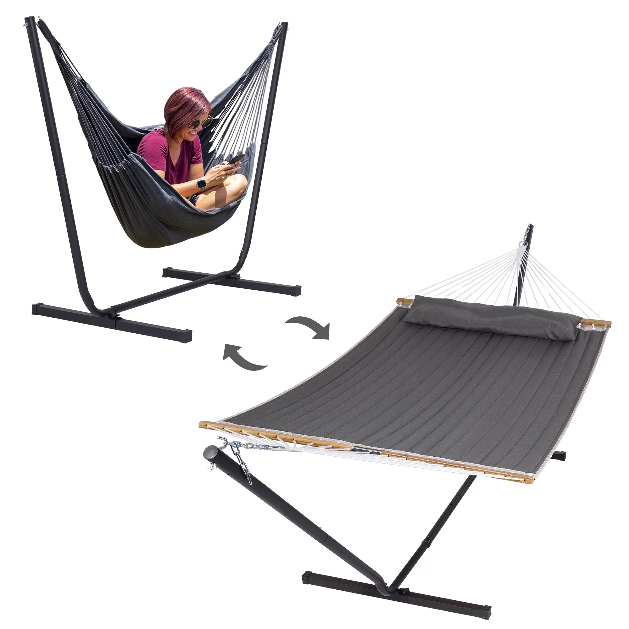 SUNCREAT Polyester 2-in-1 Outdoor Patio Hammock with Stand, Patent Pending, Dark Gray