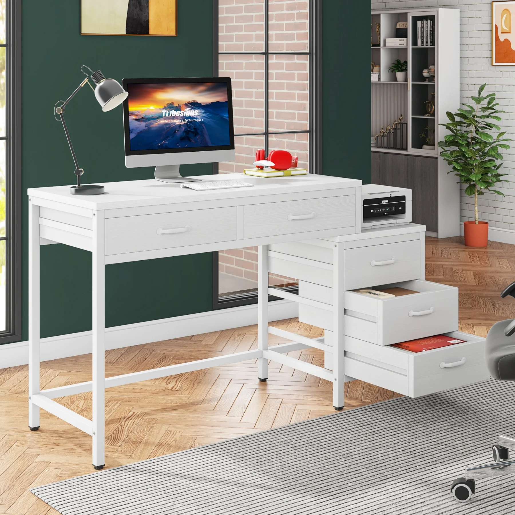 5 Drawers Computer Desk, Study Writing Desk with Reversible Filing Cabinet for Home Office White