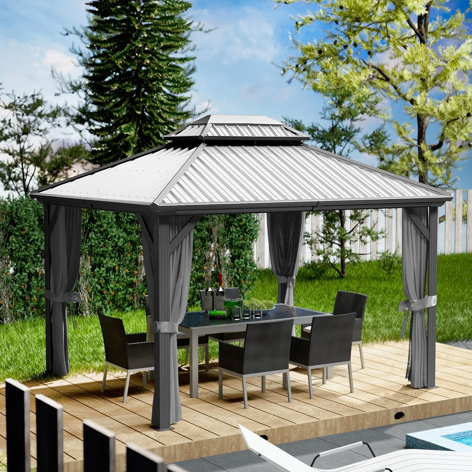Kozyard Caesar Hardtop Aluminum Permanent Gazebo with 2-Layer Sidewalls (10ft x 12ft Grey)