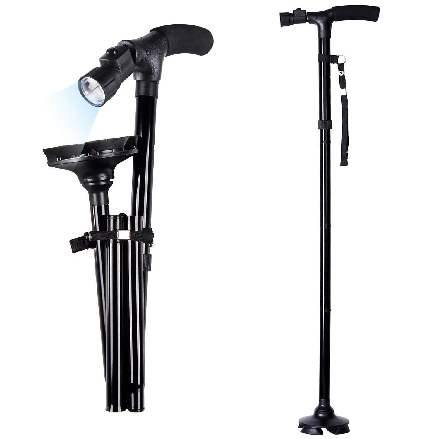 Folding Cane with Led Light, Adjustable Canes and Walking Sticks for Men and Women, Walking Cane Stick for Elderly with Cushion T Handle and Pivoting Quad Base For Hiking Mountain Climbing Backpacker