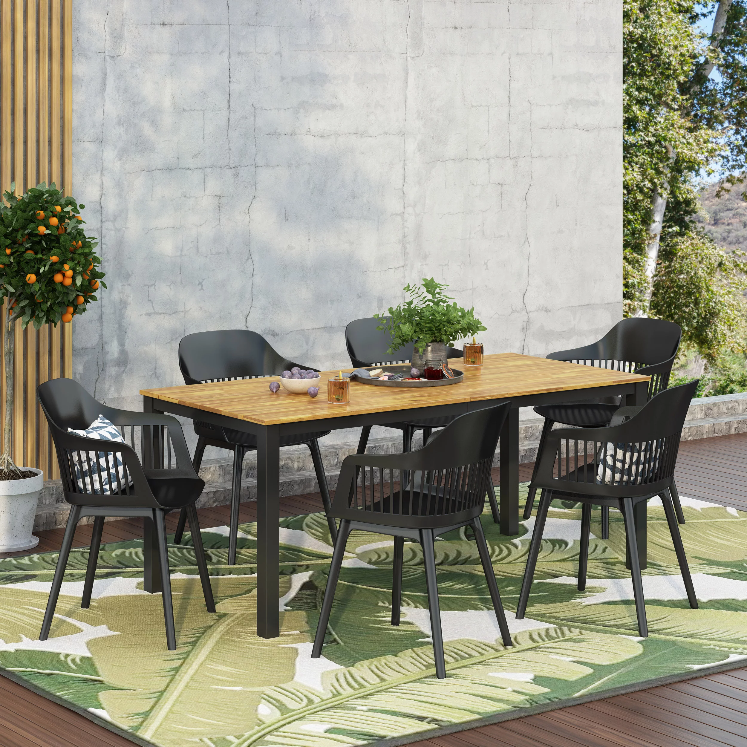 GDF Studio Furman Outdoor Acacia Wood and Resin 7 Piece Dining Set, Black and Teak