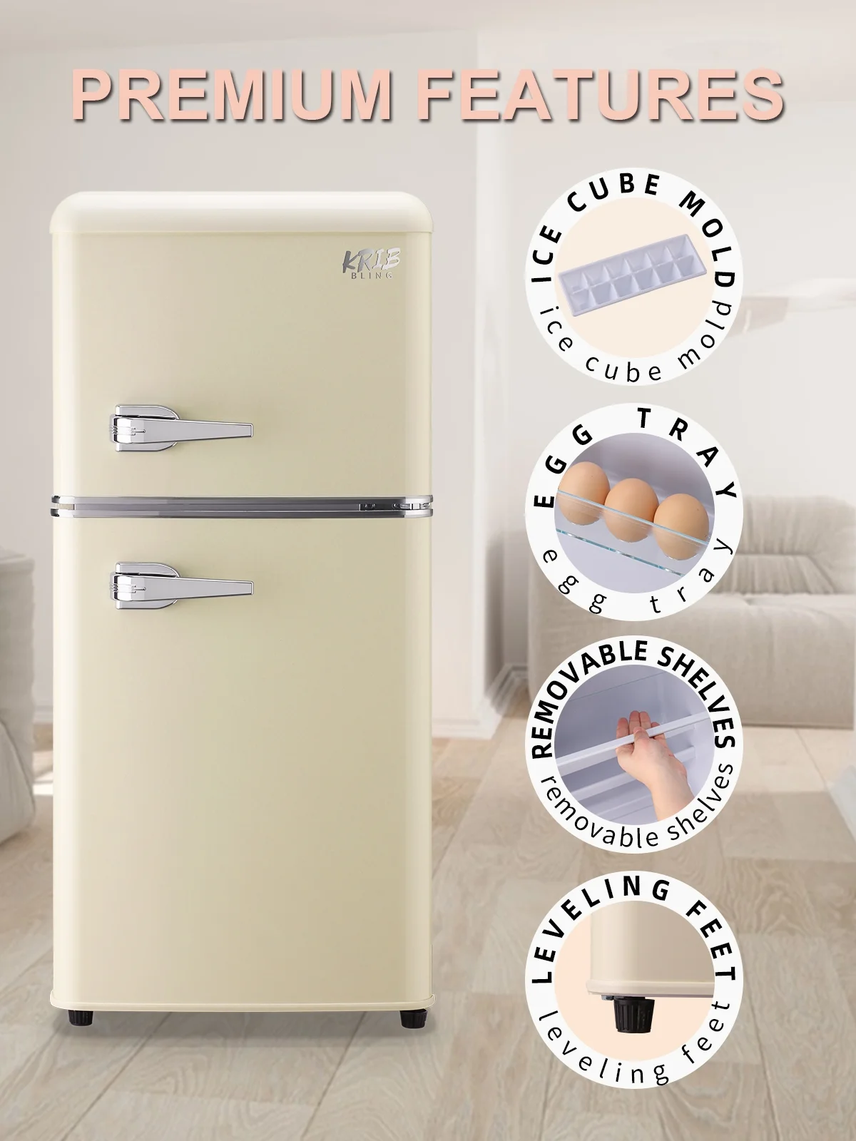 KRIB BLING 3.5 Cu.ft Mini Fridge with 7 Level Thermostat, Compact Refrigerator with Freezer on Top, Ideal for Dorm, Office, Cream