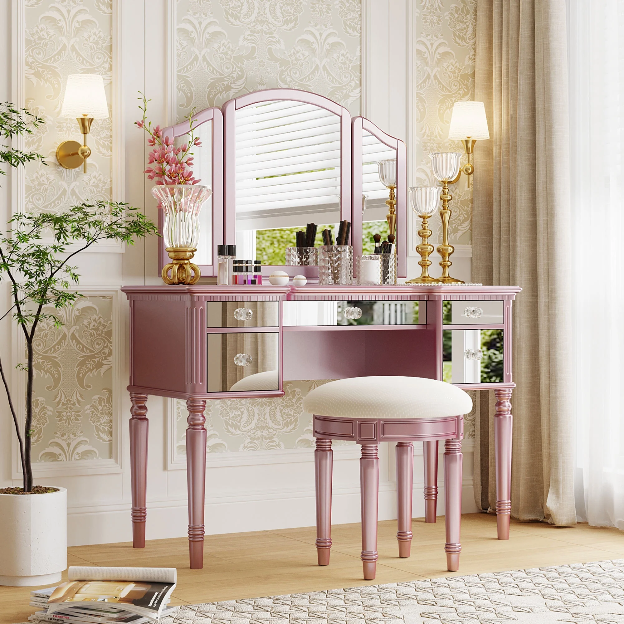 Soges Vanity Set with Tri-Fold Mirror Dressing Table Set with Mirrored Drawers and Stool, Makeup Vanity for Bedroom, Pink