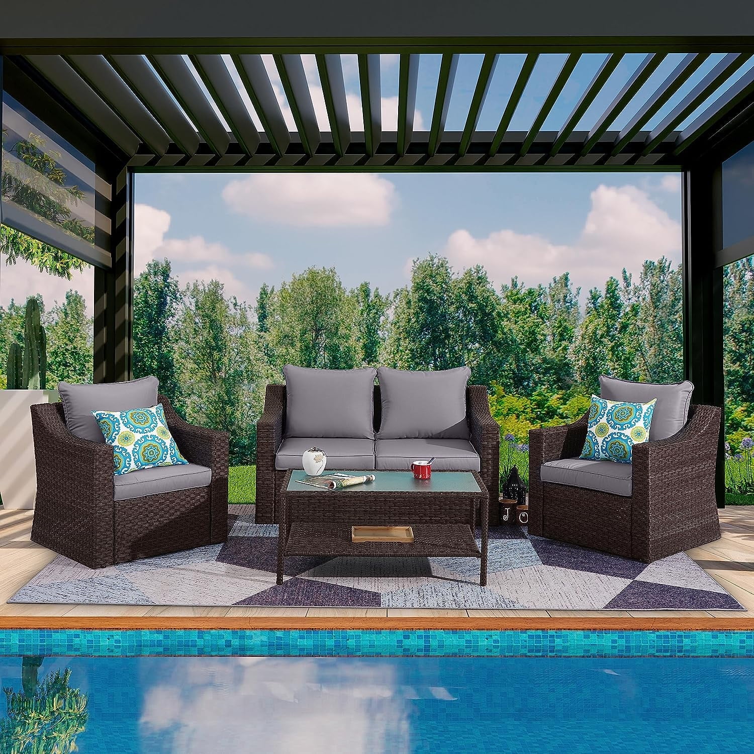 CozyHom 5 Pcs Outdoor Patio Wicker Furniture Sofa Set Clearance Rattan Sectional Conversation Couch Set With Table and Cushions, Grey