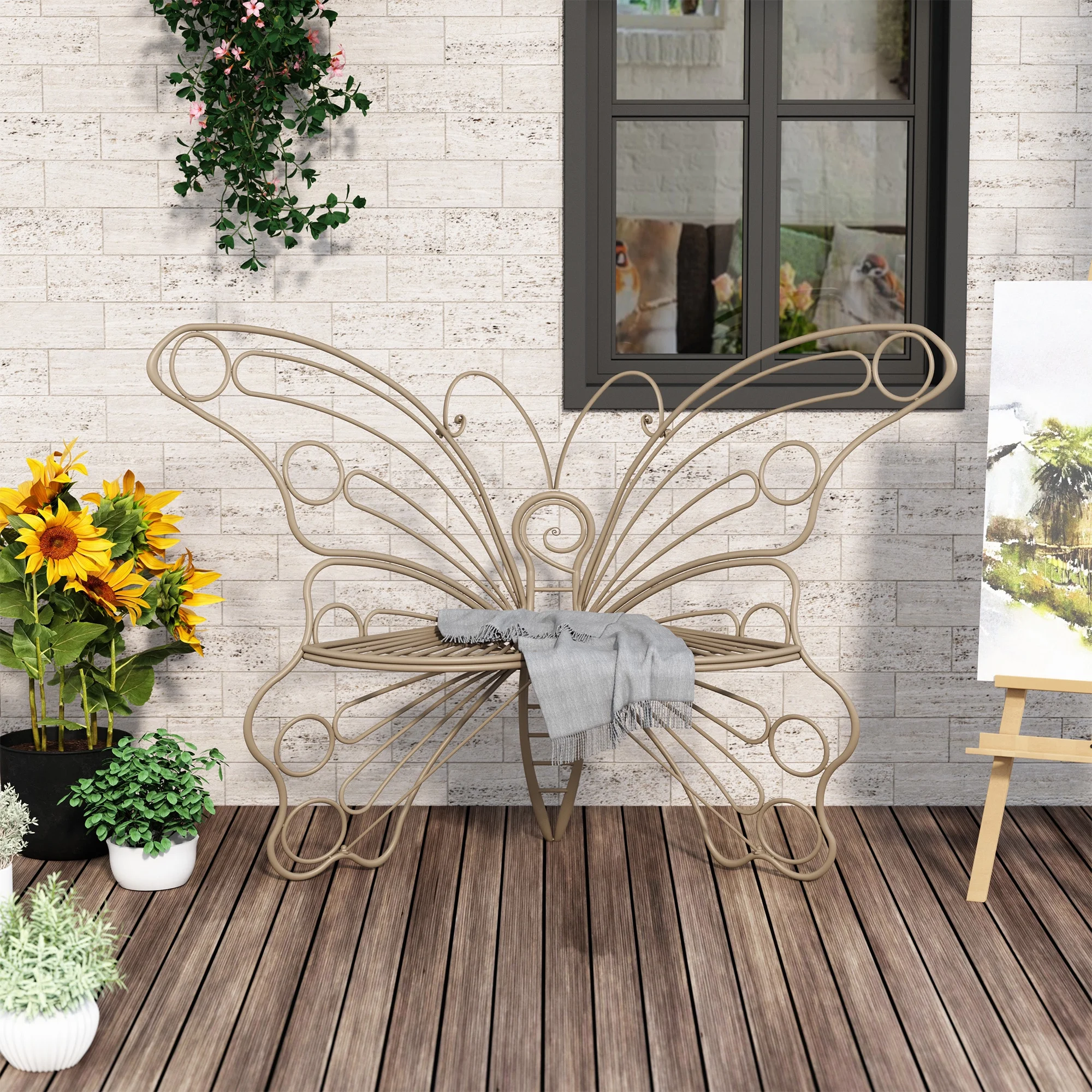 HLR Outdoor Bench with Butterfly Inspired Pattern, 50'' Metal Frame Patio Garden Bench Cast Iron
