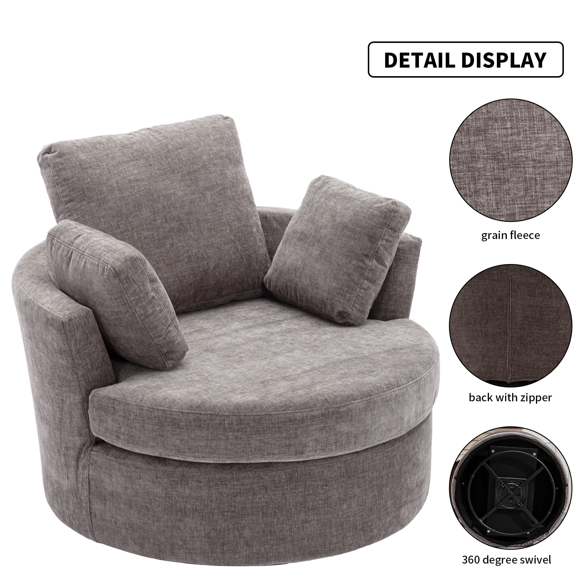 Oversized Round Swivel Accent Chair - Cozy Club 360° Swivel Single Sofa with 3 Pillows for Living Room Bedroom