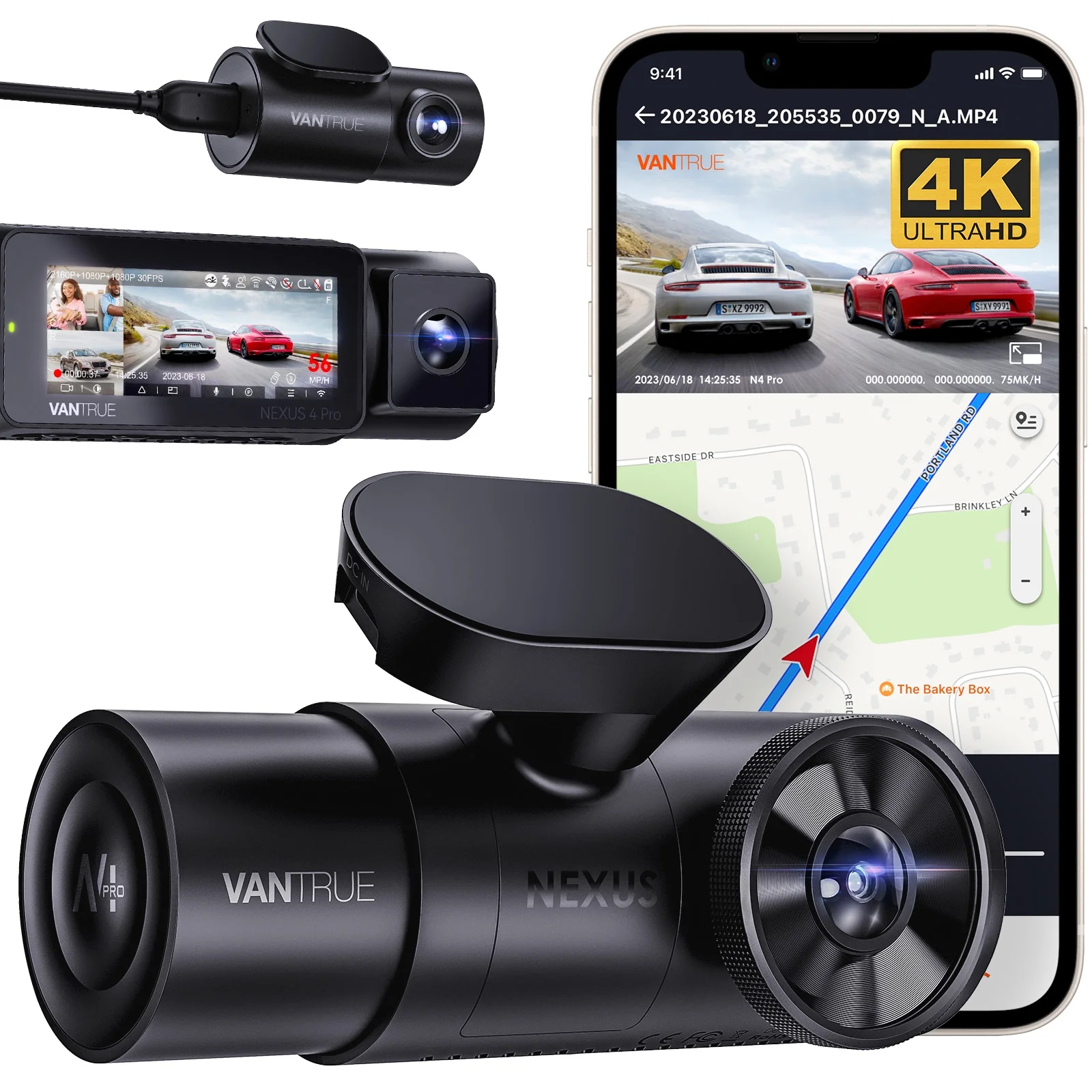 Vantrue N4 Pro 3 Channel 4K WiFi Dash Cam, STARVIS 2 IMX678 Night Vision, 4K+1080P+1080P Front Inside and Rear Triple Car Camera, Voice Control, GPS, 4K HDR, 24 Hours Parking Mode, Support 512GB Max