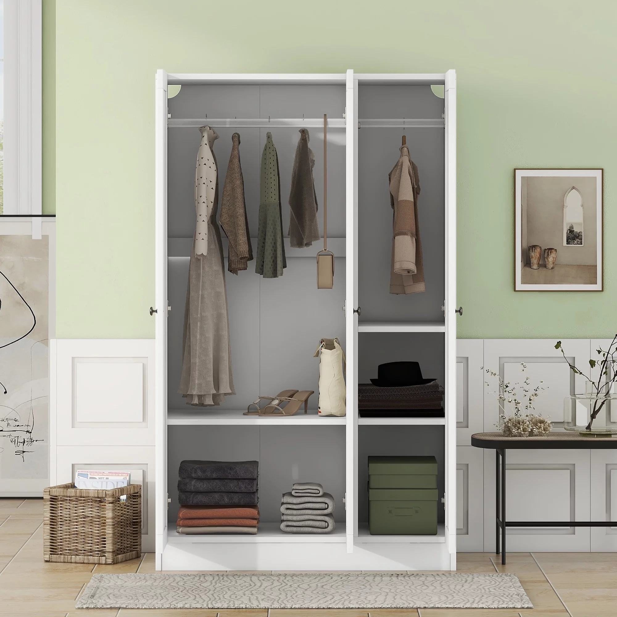 Modern Wood Wardrobe Closet with Doors Shelevs and Hanging Rail, Freestanding Armoires Storage Cabinet Organizer for Bedroom Gym School