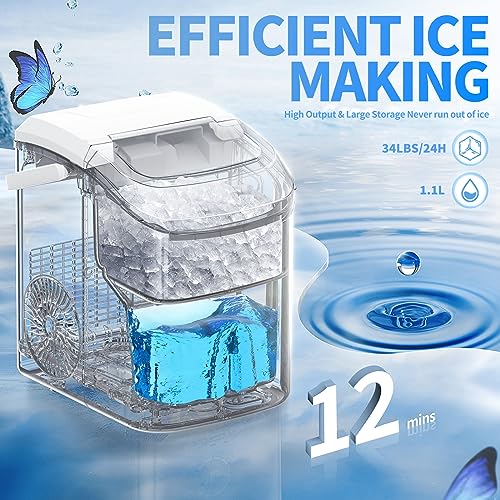 Nugget Countertop Ice Maker with Soft Chewable Ice, 34Lbs/24H, Pebble Portable Ice Machine with Ice Scoop, Self-Cleaning, One-Click Operation, for Kitchen,Office Stainless Steel Silver