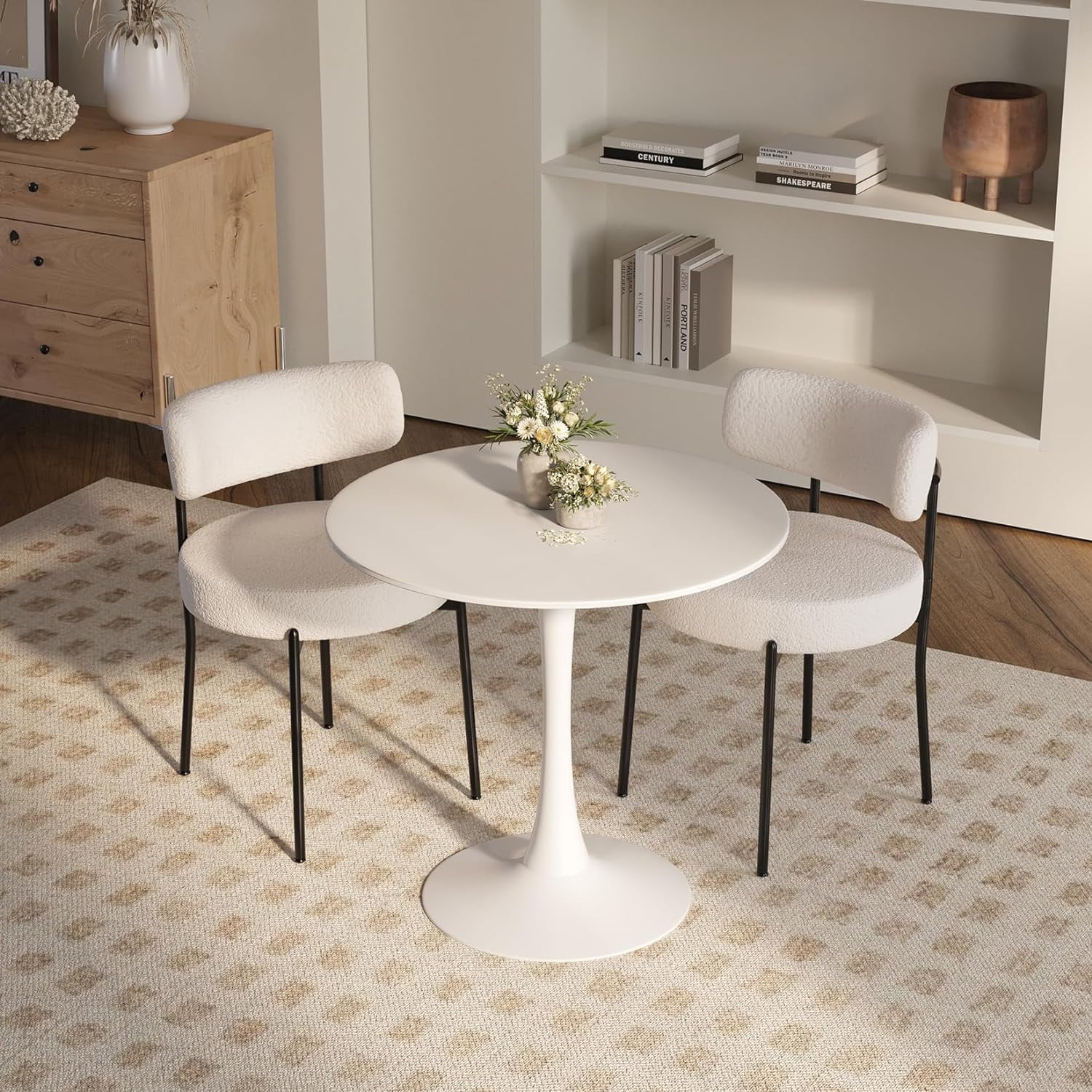 31.5inch Round Dining Table Set for 2 Person, Mid-Century White Tulip Table with 2 Upholstered Chairs, Metal Base Pedestal Dinner Table, Easy Assembly End Table Leisure Coffee Table, 3 Pieces White
