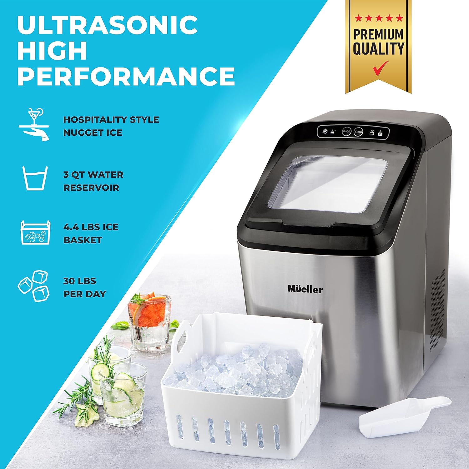 Mueller Countertop Nugget Ice Maker – Quiet, Heavy-Duty Ice Machine, 30 lbs Daily, 3 QT Tank, Compact & Portable, Includes Basket - Self-Cleaning Feature