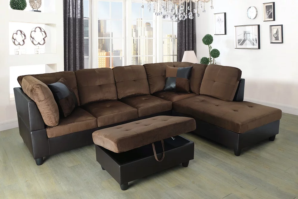 PonLiving Furniture Waverly 103.5'' Right & Left Hand Facing Sectional Sofa with Storage Ottoman, Microfiber & Leather Upholstered