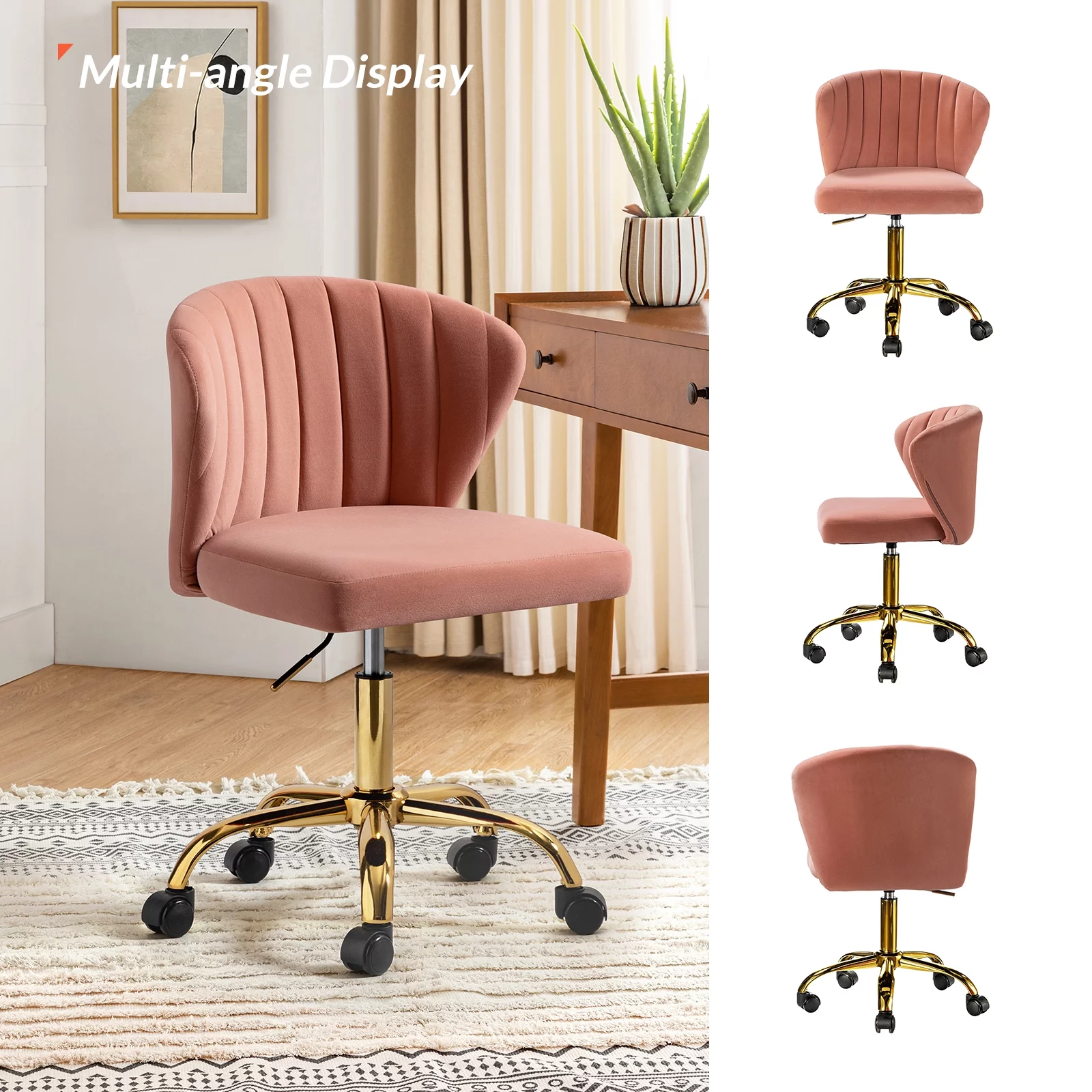 Velvet Swivel Task Office Chair, Tina's Home Adjustable Rolling Tufted Back Metal Leg Teen Pink