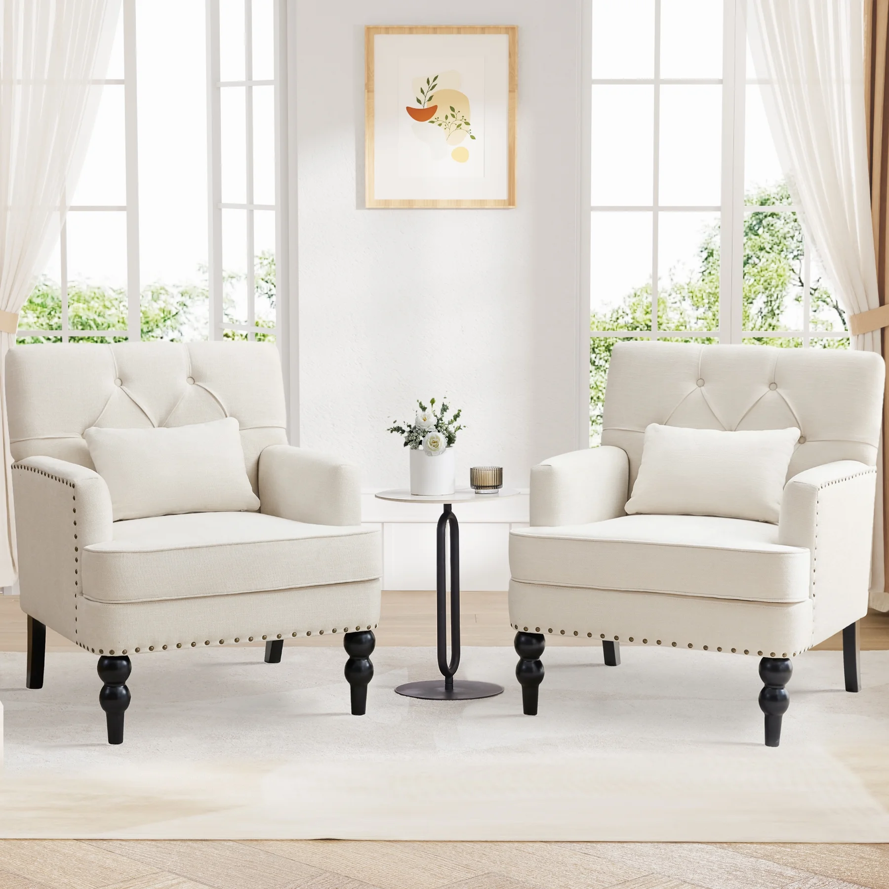 HUIMO Mid-Century Modern Accent Chairs Set of 2, Upholstered Living Room Chairs with Wood Legs, Comfy Club Sofa Reading Arm Chairs Side Chair for Bedroom (Beige)