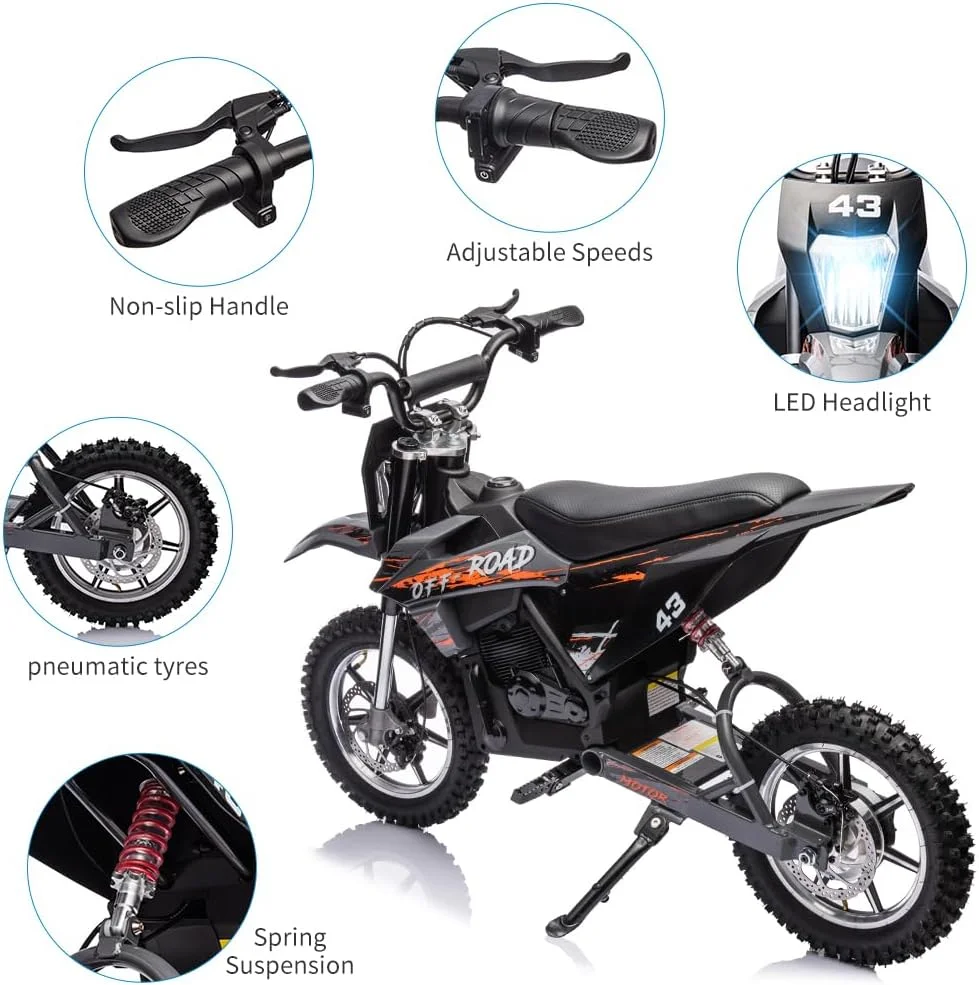 36V Electric Dirt Bike for Kids, Ride on Motorcycle 350W Brushless Motor Variable Speed to 15.5MPH with LED Headlight, Leather Seat,Front+Back Brake for Teens Max Load 175lbs,Black