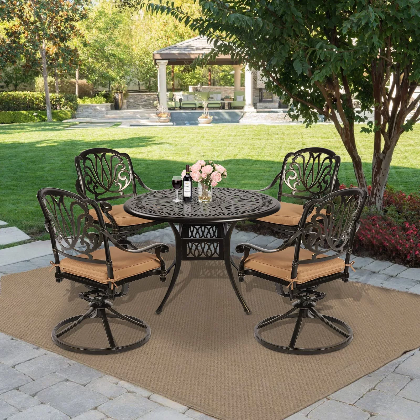 MEETWARM 5-Piece Outdoor Patio Dining Set, All-Weather Cast Aluminum Conversation Set, Patio Furniture Set for Balcony Lawn Garden, Include 4 Swivel Dining Chairs, a 35.4
