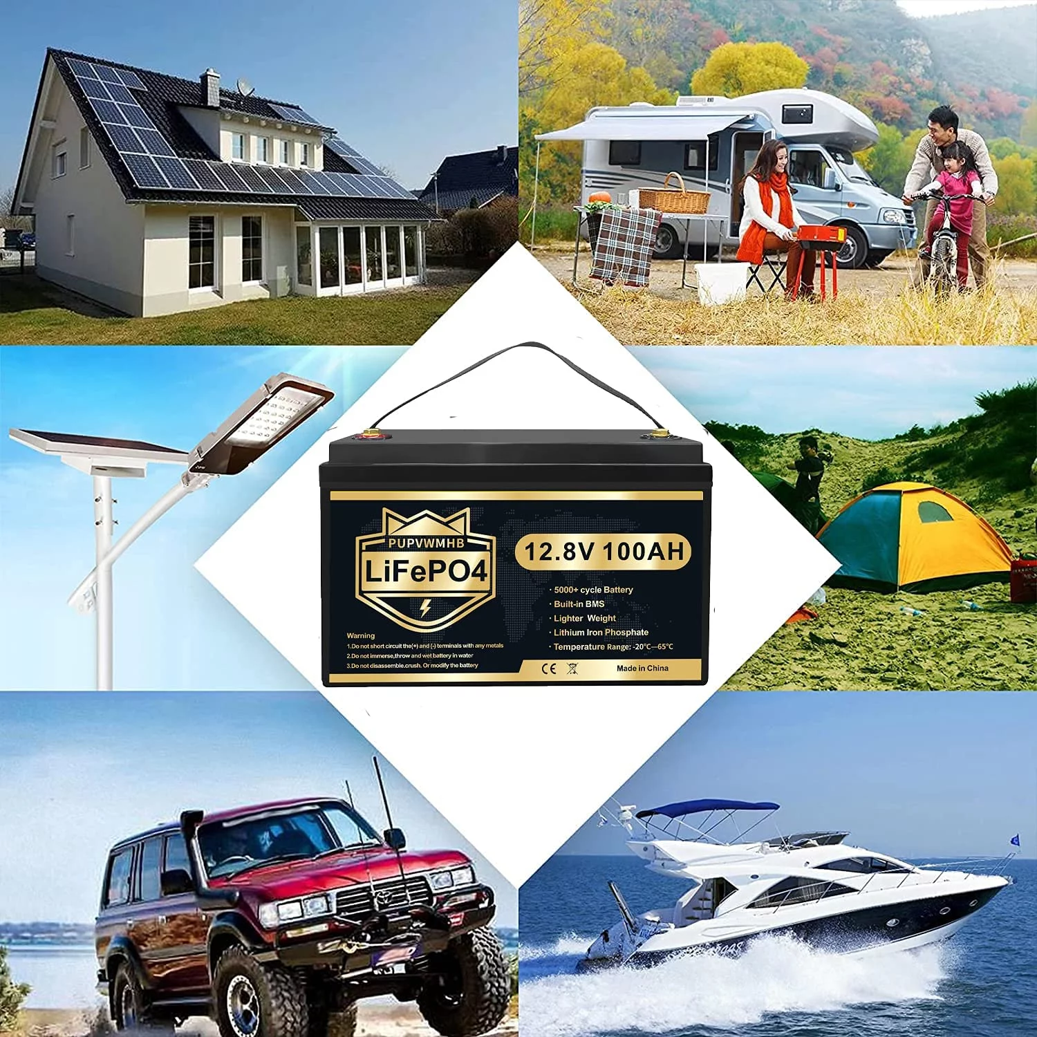 PUPVWMHB LiFePO4 Battery 12V 100Ah Lithium Batteries 5000+ Deep Cycles Iron Phosphate Battery for Golf Cart Solar RV Camper Marine Battery Low Temp Protection, Built-in BMS.Support in Series/Parallel