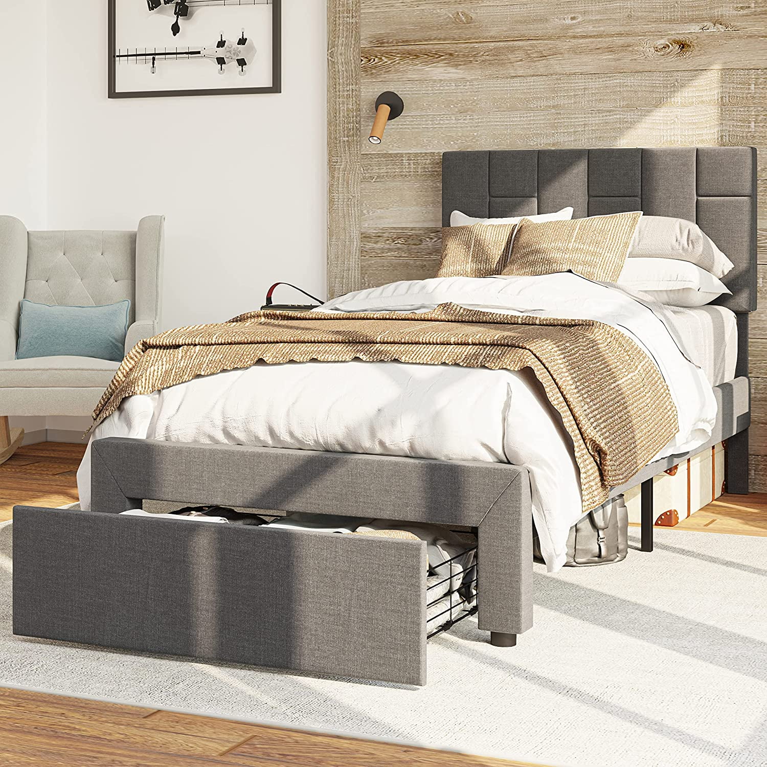 LIKIMIO Twin Bed Frame with Upholstered Headboard and Under-bed Drawer, No Box Spring Needed, Grey