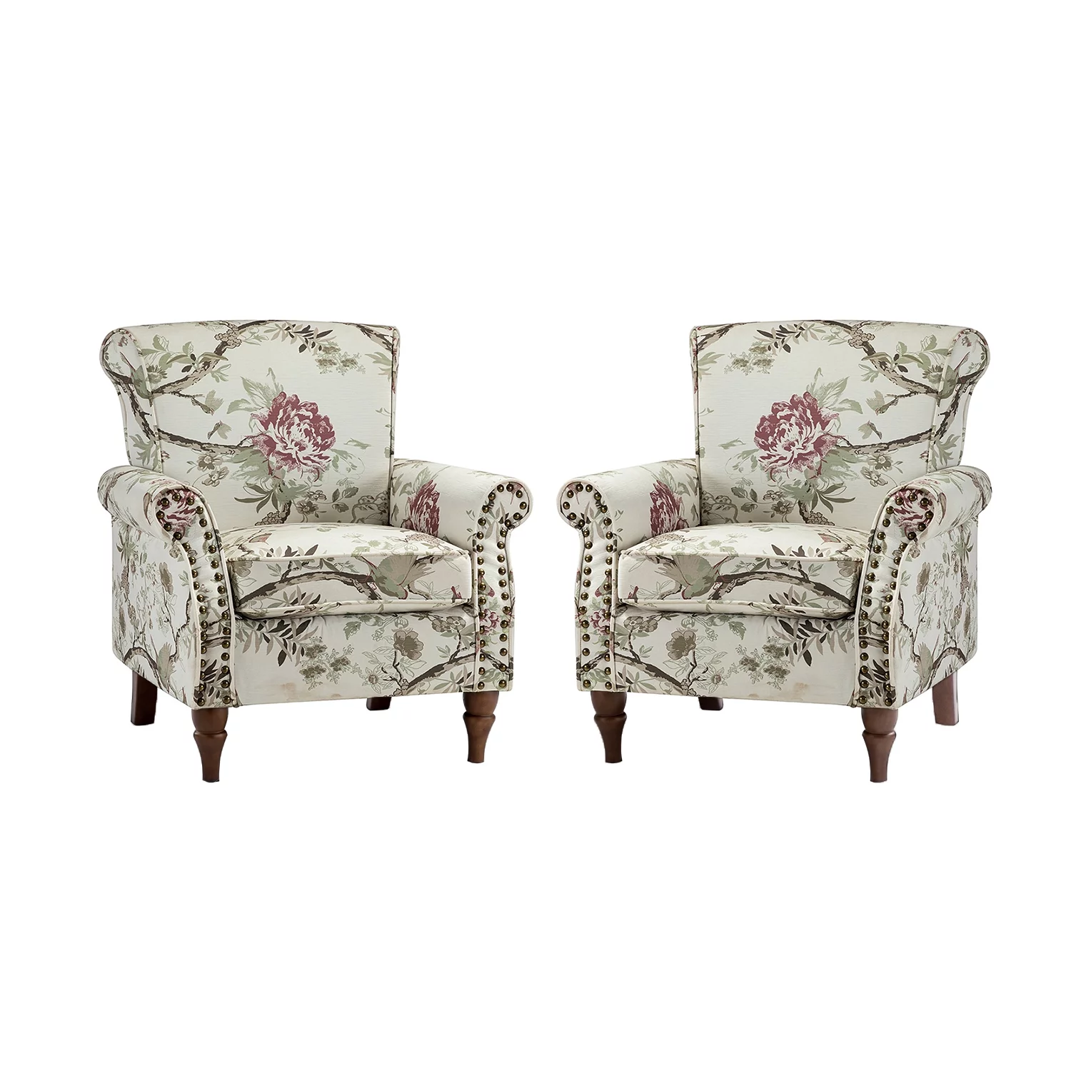 Wooden Upholstered Accent Chair Set of 2 with Removable Cushion Armchair Wingback Floral Lounge Sofa Set Nailhead Trim Floral