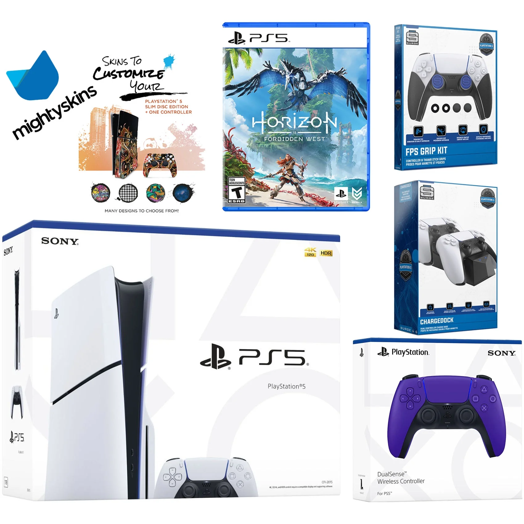 Sony Playstation 5 Slim Disc Bundle with Horizon Forbidden West, Extra Galactic Purple Controller, FPS Grip Kit, Dual Charge Dock and MightySkins Decal Voucher