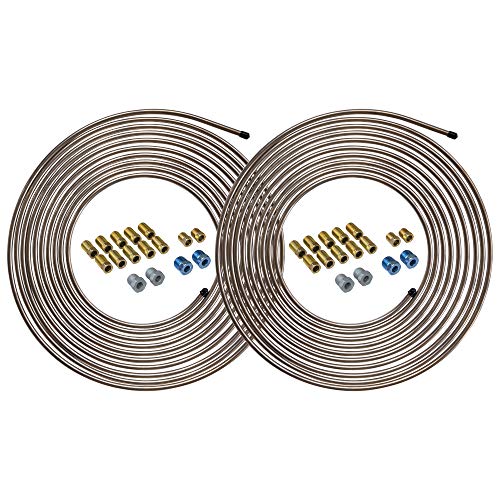 4LIFETIMELINES 25 ft 1/4 True Copper-Nickel Alloy Non-Magnetic Brake Line Replacement Tubing Coil and Fitting Kit, 16 Fittings Included, Inverted Flare, SAE Thread, 0.028 inch wall thickness