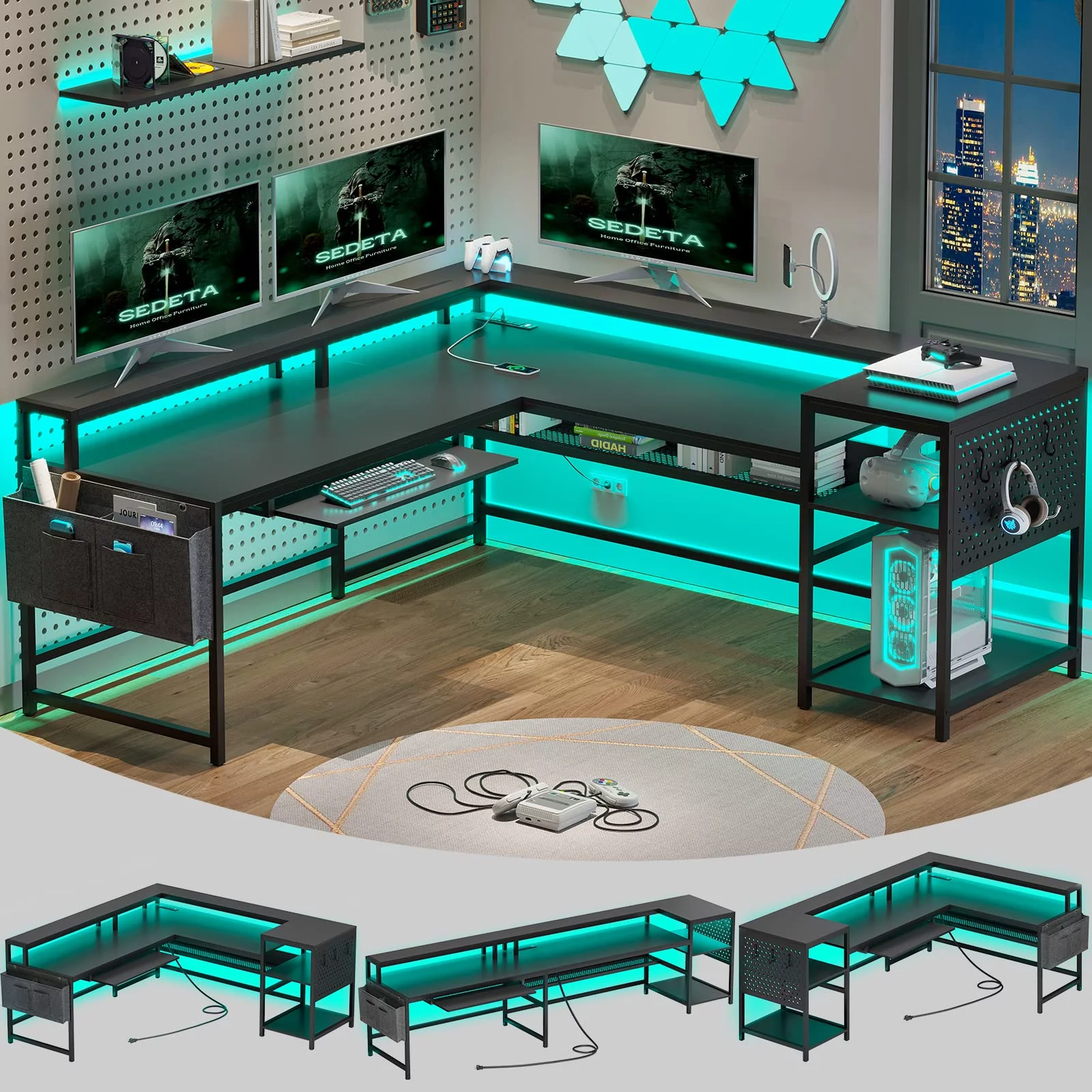 SEDETA L Shaped Gaming Desk, Reversible Computer Desk, Gaming Desk with Power Outlets and LED Strip, Keyboard Tray, Pegboard and Storage Shelves, Black