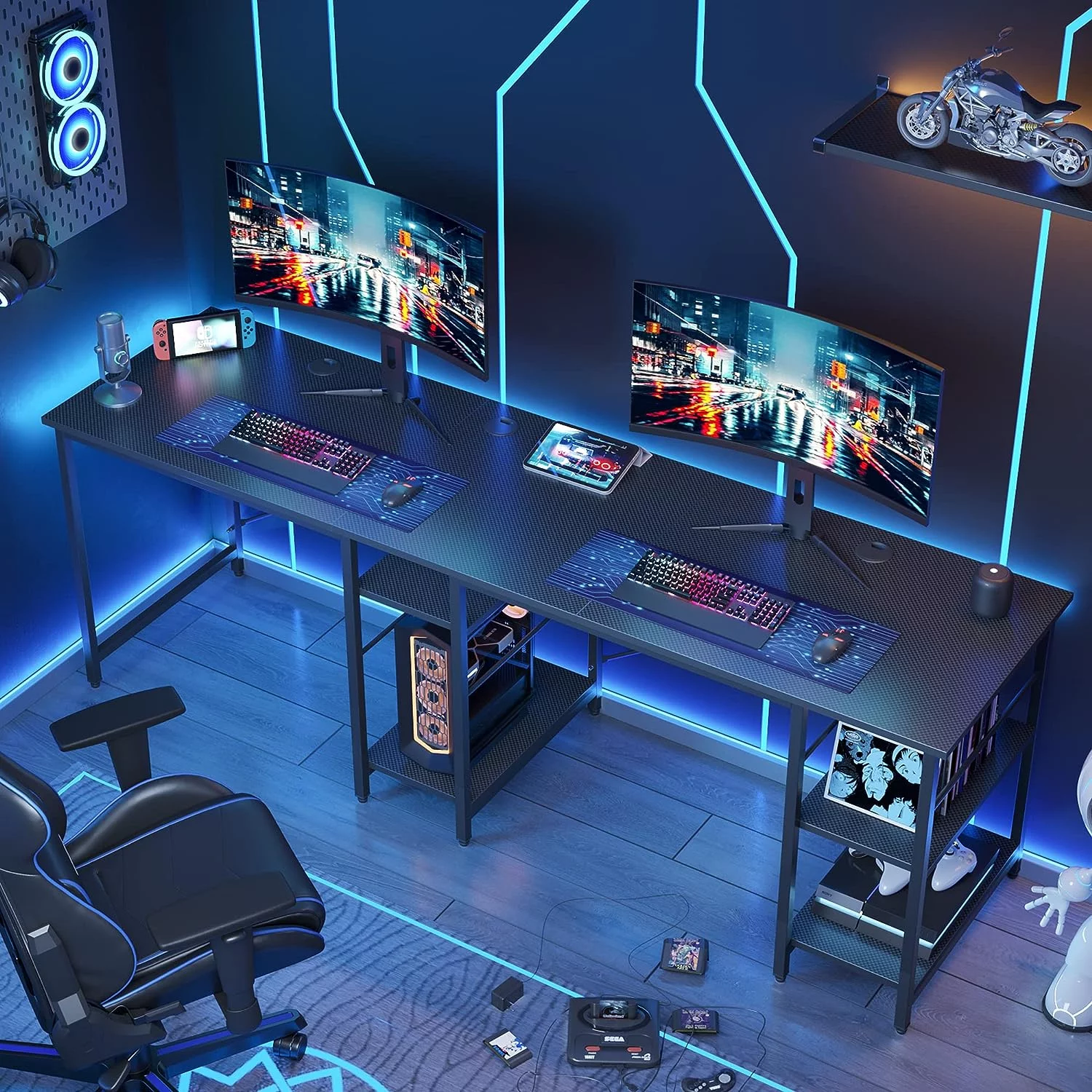 Bestier 86.6 inch L-Shaped Reversible Computer Desk Long Table with Shelves Carbon Fiber Black