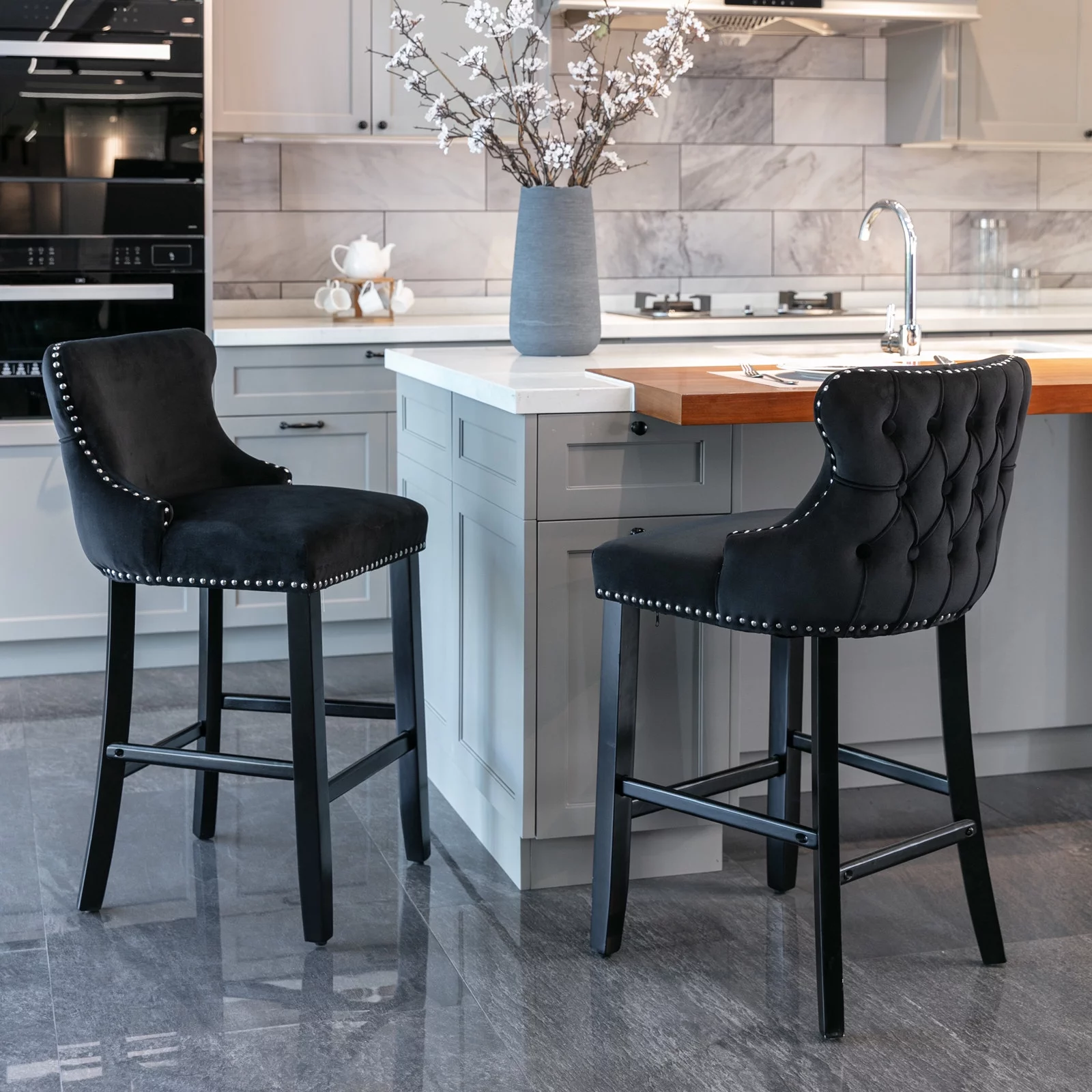 BTMWAY Bar Stools with Wing-Back Sets of 2, Velvet Upholstered Counter Height Barstools Set, Upholstered Button Tufted Bar Chairs with Chrome Nailhead Trim and Solid Wooden Legs, Holds 300lbs, Black