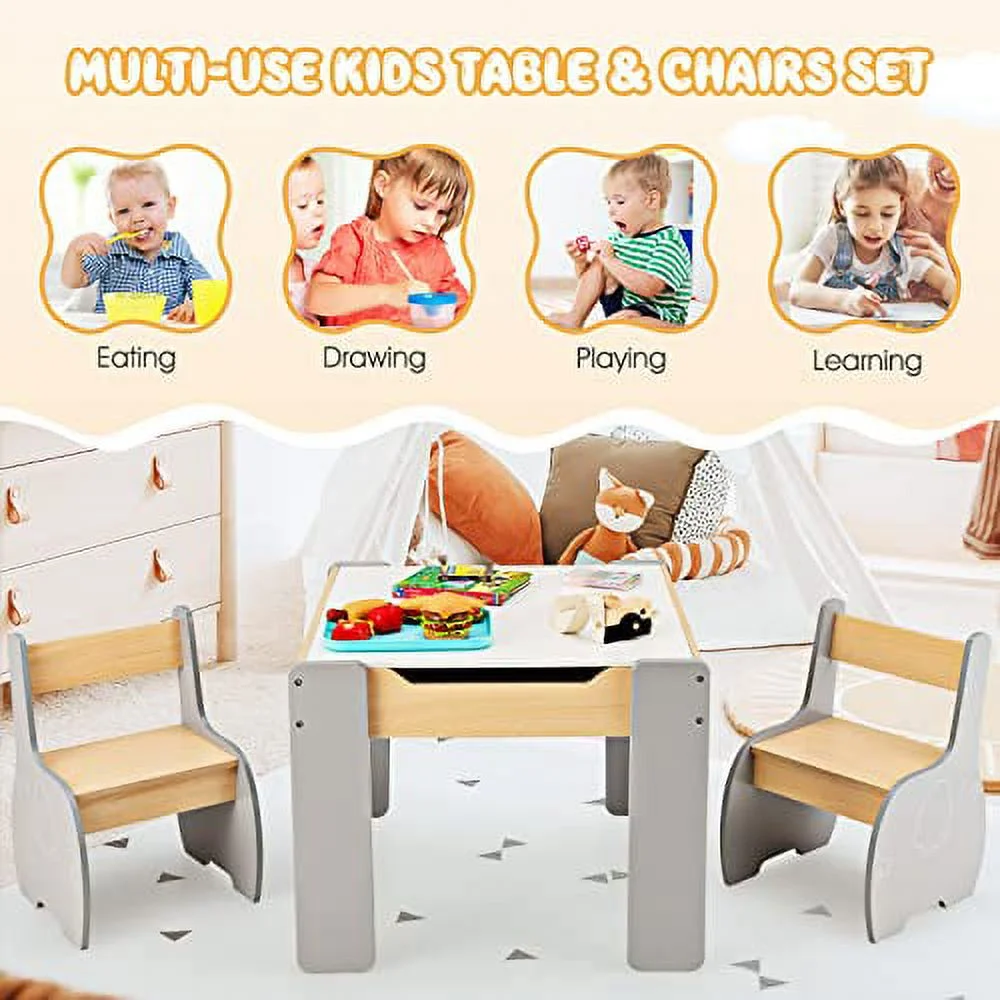 INFANS 3 in 1 Kids Table and Chair Set, Wood Multi Activity Table with Removable Tabletop, Blackboard for Toddler Playing Drawing Reading Arts Crafts, Children Furniture