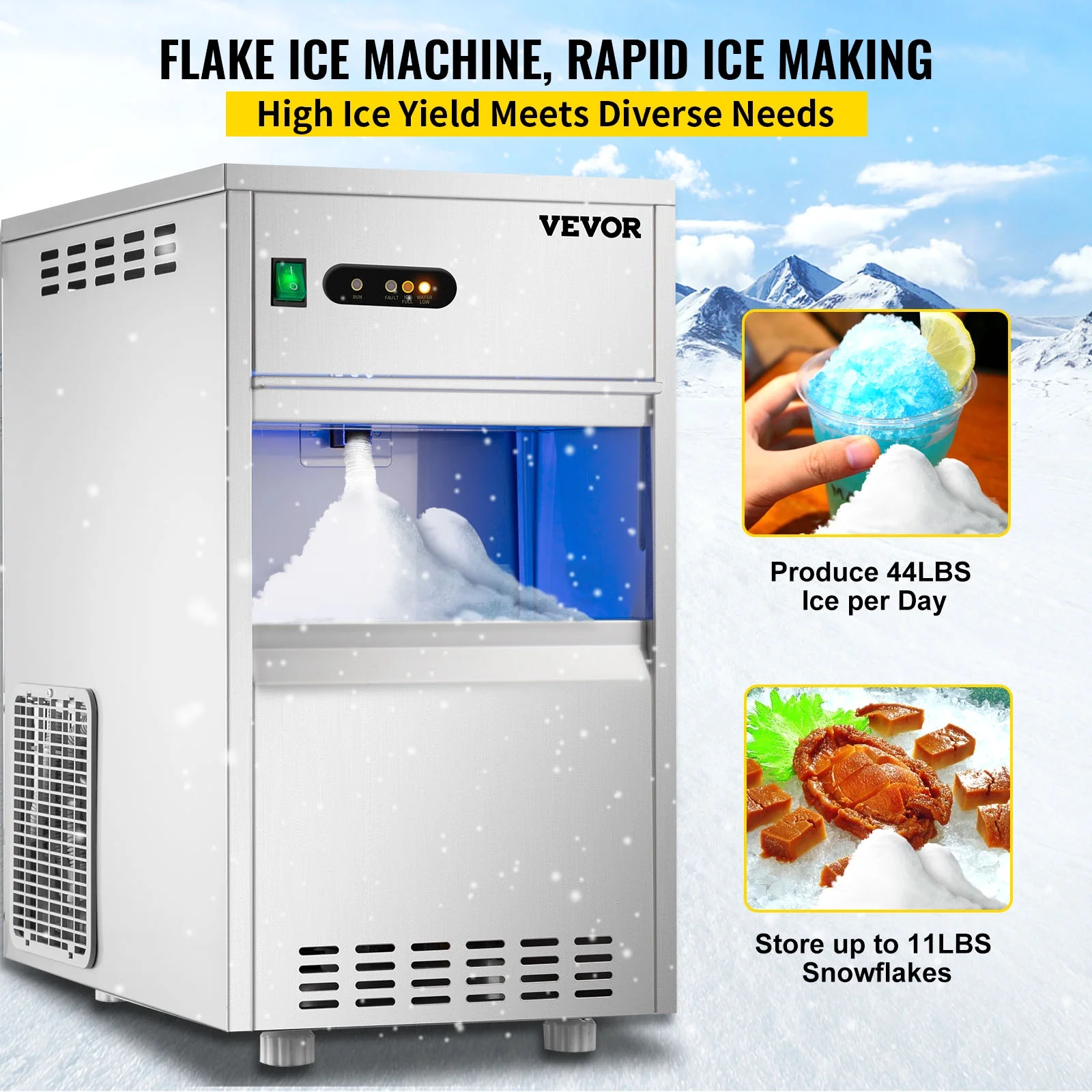 BENTISM 110V Commercial Snowflake Ice Maker 44lbs/24h, ETL Approved, Food Grade Stainless Steel Construction, Automatic Operation, Freestanding, Water Filter and Spoon, Perfect for Seafood Restaurant