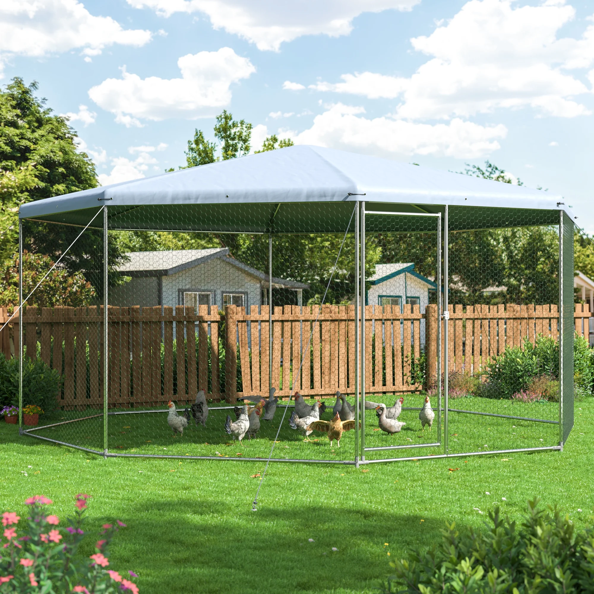 DAKITO Chicken Coop,Large Metal Chicken Run Pen Suitable for All Seasons,Walk in Chicken Coops for 6/10 Chickens,Hexagonal Chicken House with Waterproof & Anti-UV Cover for Backyard