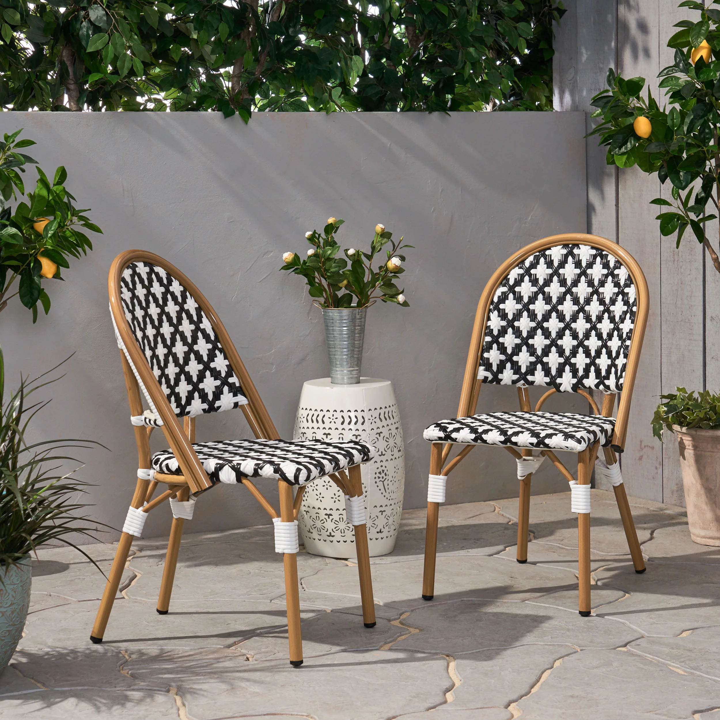 Jordy Outdoor French Bistro Chair, Set of 2, Black, White, and Bamboo Finish
