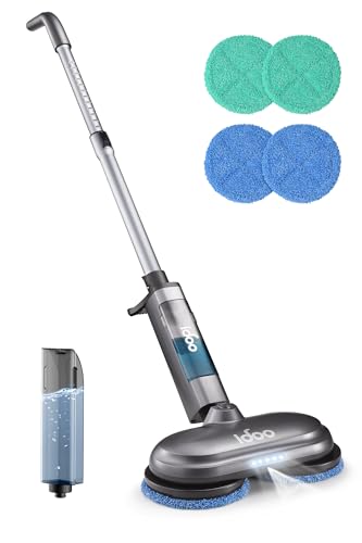 iDOO Electric Mop, Floor Scrubber Electric Spin with LED Headlight, Rechargeable Dust Cordless Dual-Motor, Spray Mop for Hardwood Floor, Clean up to 2350 ft², 46dB Quiet, Gray-4 Pads