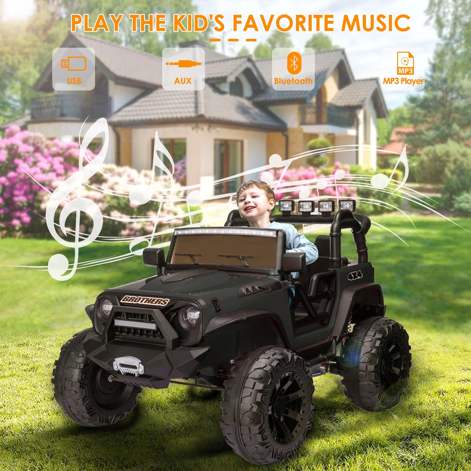 VIBESPARK Double Drive 24V Electric Kids Ride On Truck Car Motorized Vehicles w/ 2 Seaters Parent Remote Control, 2*200W Motor 9AH Battery Powered, Spring Suspension for Girl Boy Black