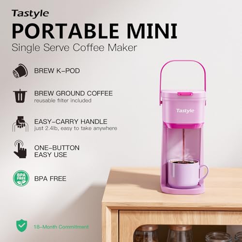 Single Serve One Cup Coffee Maker, for K Cups and Grounds, Mini Coffee Maker with Portable Handle, 6 to 12 Oz Brew Size, for Travel, Camping, Office, RV and Dorm, 120V, Black and Gold
