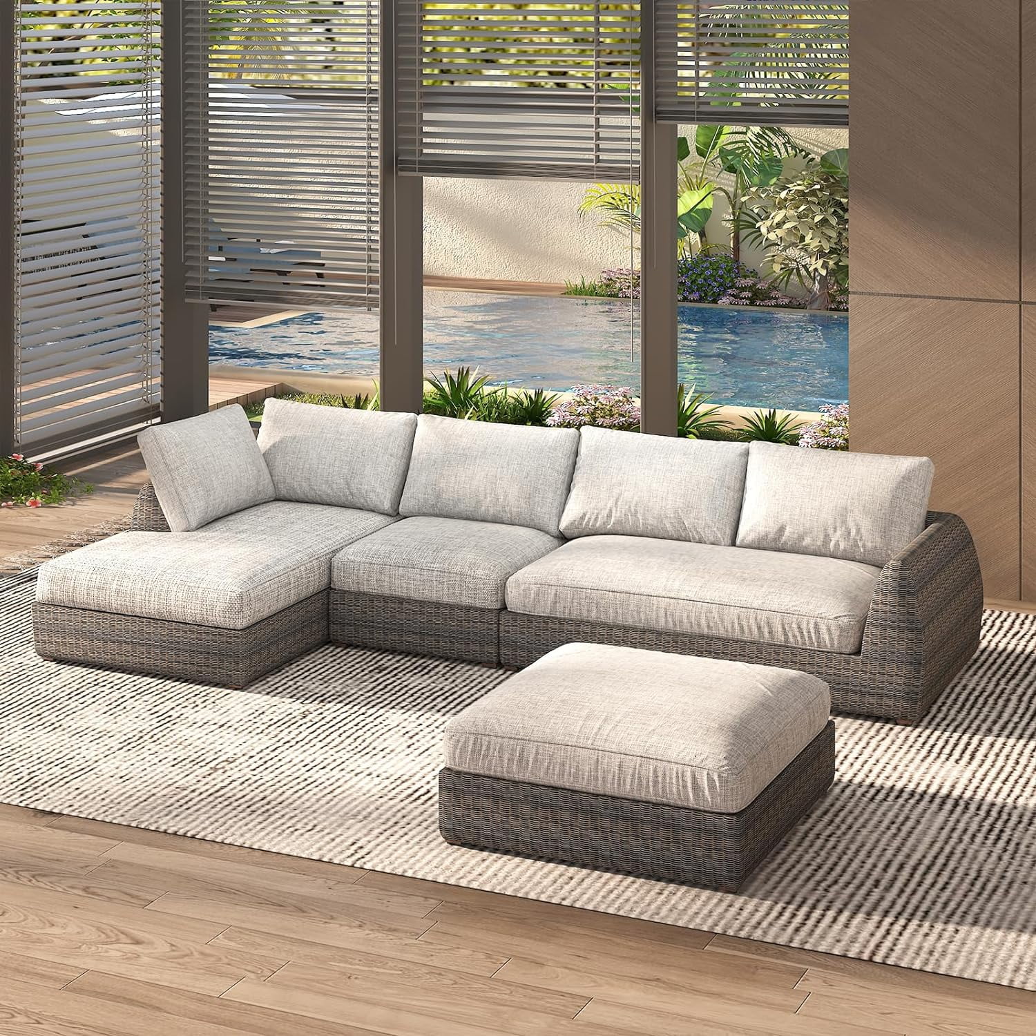 AECOJOY L-Shape Outdoor Patio Deep Seating Lounge Set with Sofa, 4-Piece Backyard Patio Furniture Set, Brown Rattan Conversation Sets,Light Grey