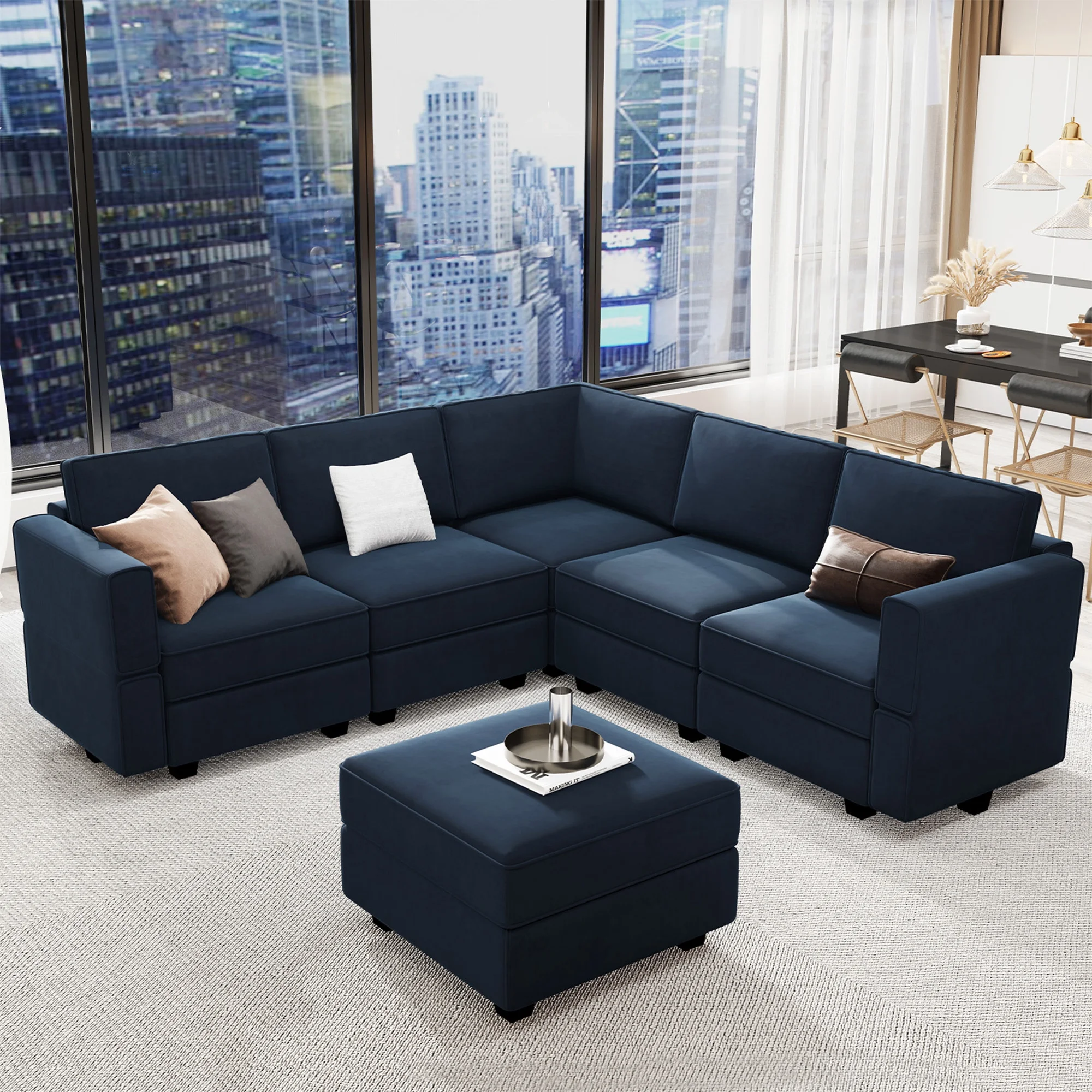 Belffin Modular Sectional L Shaped Sofa with Storage Velvet Convertible Chaise Couch 6 Seats Blue