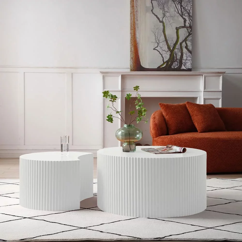 Nesting Coffee Table Set of 2, Matte White Round Wooden Coffee Tables, Modern Luxury Side Tables Accent End Table for Living Room Apartment