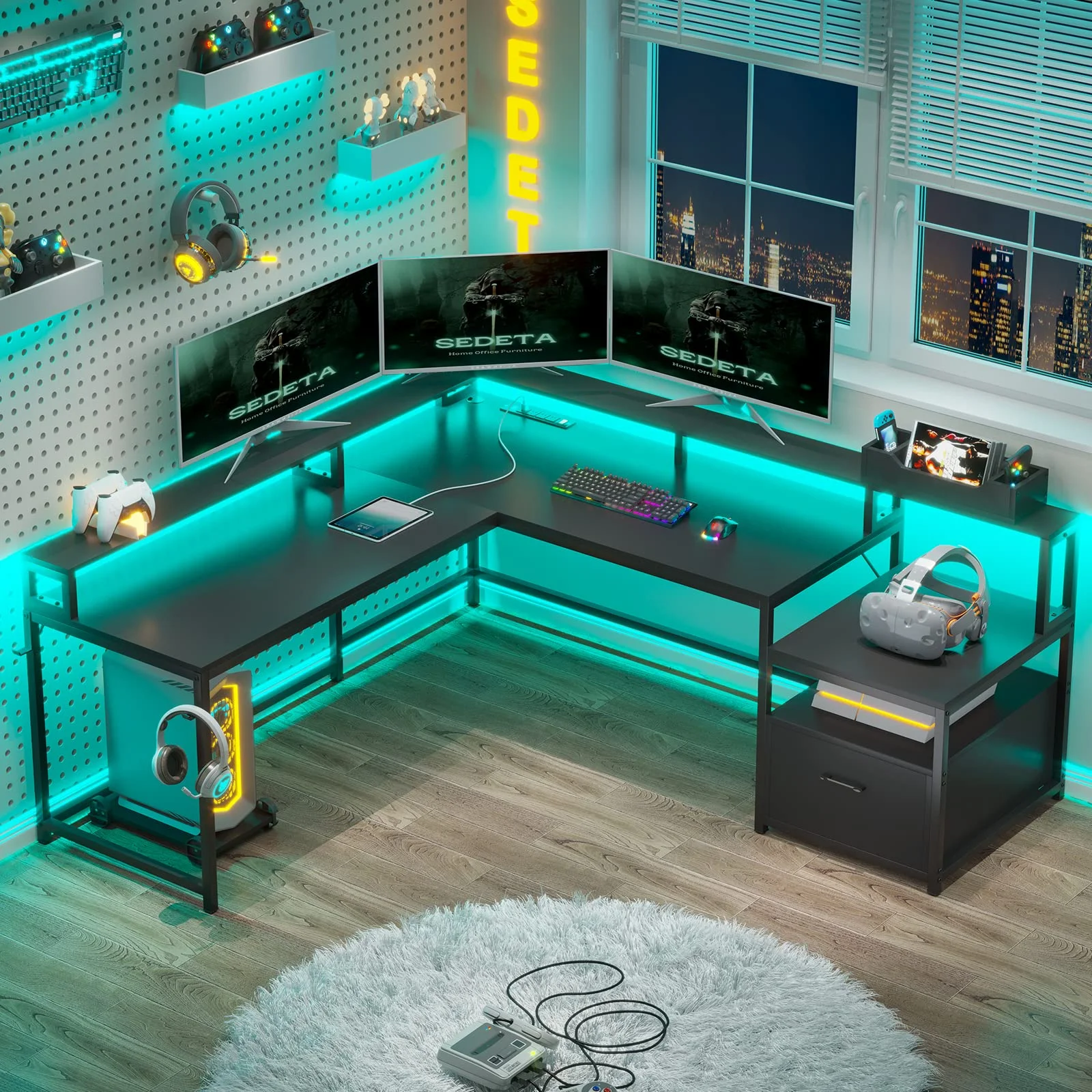 L Shaped Desk with Led Lights and File Drawer, 66