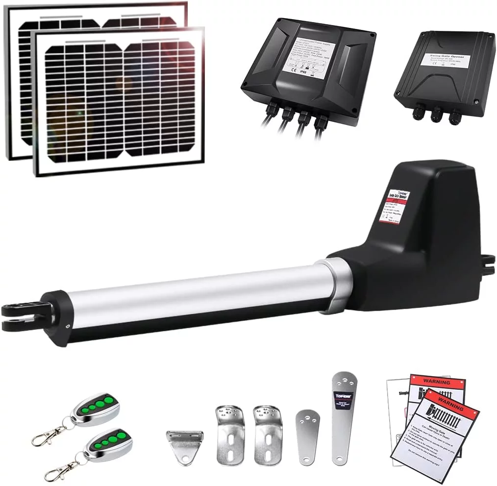 TOPENS AT6131S Solar Single Swing Gate Opener Medium Duty Automatic Gate Motor for Single Swing Gates Up to 18ft, Electric Driveway Gate Operator AC Powered with Solar Panel Remote Control Kit