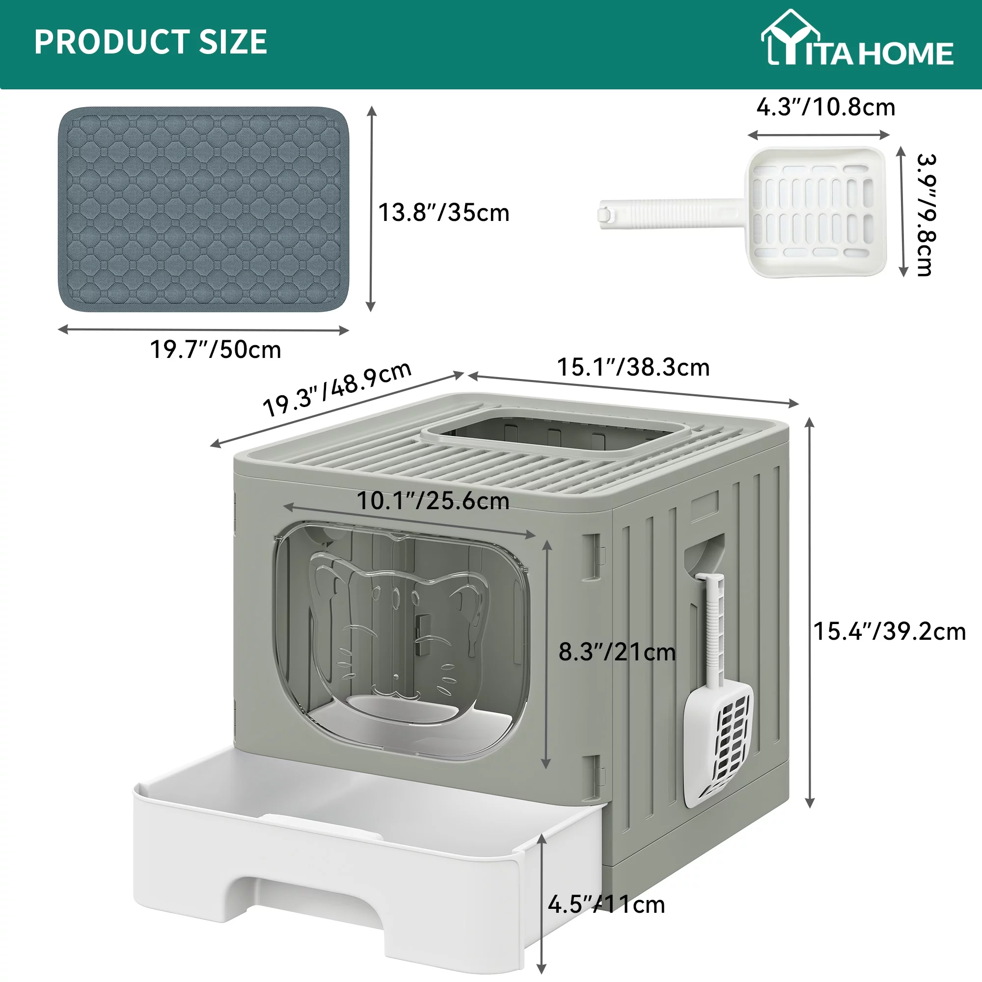 Dextrus Large Enclosed Cat Litter Box with Cushion & Litter Scoop,Front Entry Top Exit Door,Cat Self-Grooming Deodorizer Filter, and Easy Cleaning Tray ( Gray)