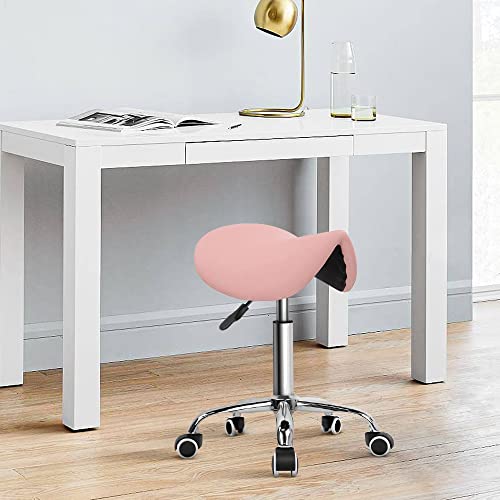 KKTONER Rolling Saddle Stool PU Leather Swivel Adjustable Rolling Stool with Wheels Salon Chair Black