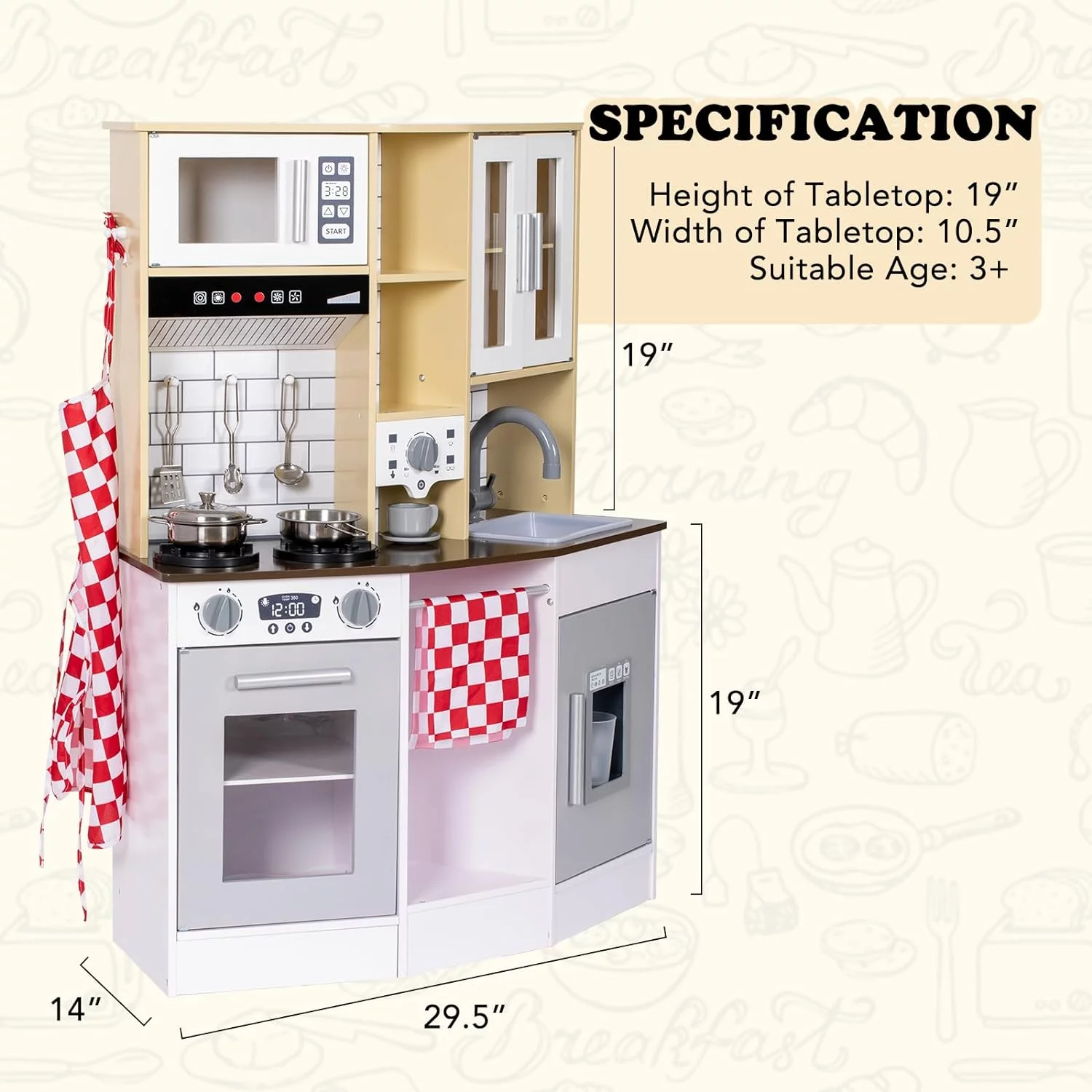 BRINJOY Kitchen Playset for Kids, Wooden Toddler Play Kitchen w/Faucet, Sink, Microwave, Oven, Apron, Cabinets, Children Pretend Play Cooking Toy Set w/Sound & Light, Gift for Girls Boys Age 3+