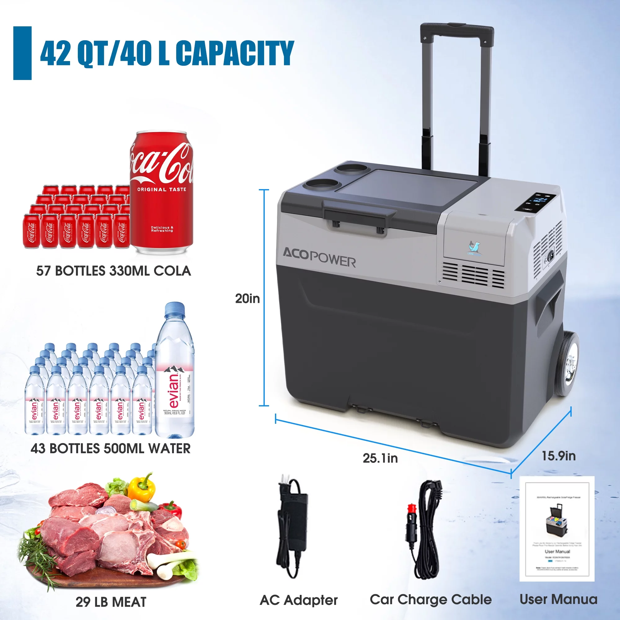 ACOPOWER 42Qt  Portable Refrigerator Freezer Car Freezer with Battery and 6'' off-Road Wheels, 12V,45W Cooler Freezer,Low Noice