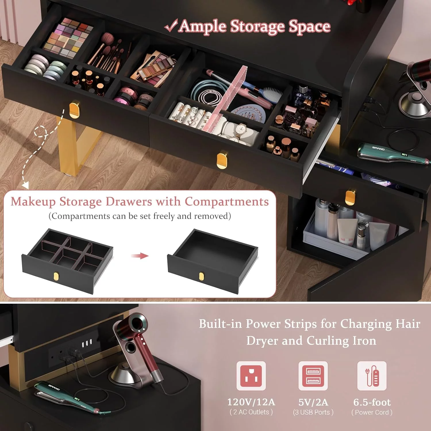 Homieasy Vanity Desk with Lighted Mirror & Power Outlets, 44'' Makeup Vanity Set with 3 Drawers, Vanity Mirror with Lights Desk & Chair, Dressing Table with Reversible Cabinet & Stool, Black