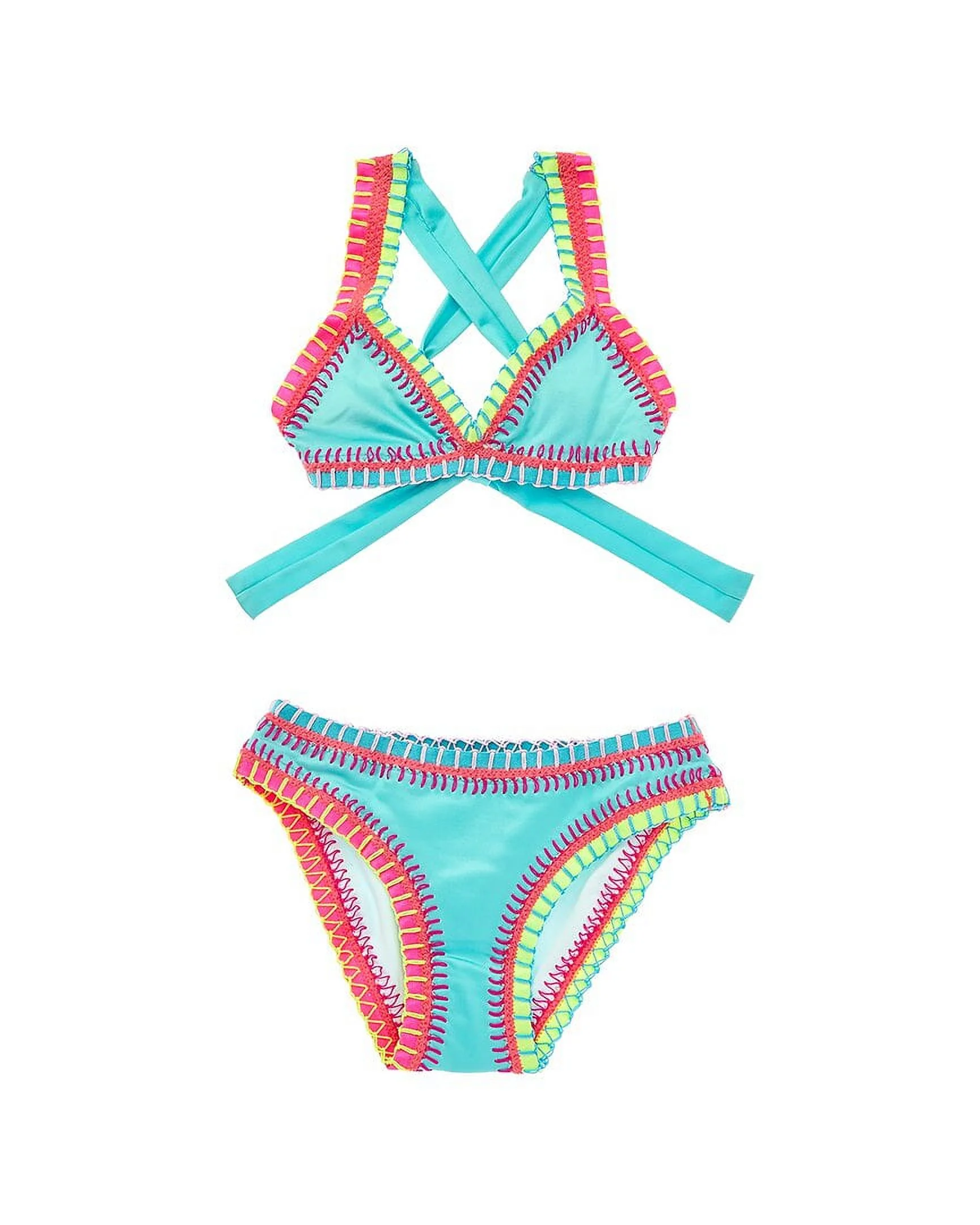 PilyQ girls  2pc Rainbow Embroidered Bikini Set, 4, Blue