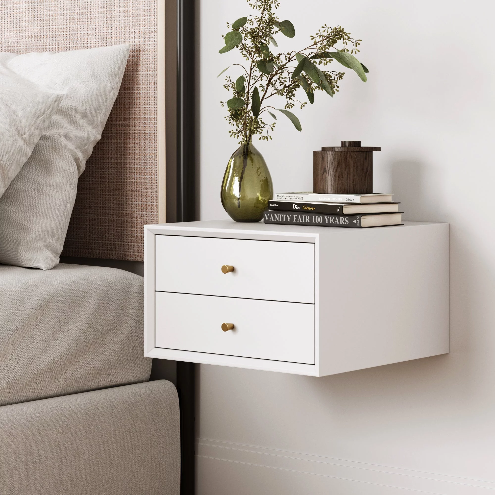 Nathan James Harper Wall Mounted Nightstand, Mid-Century Modern Floating End Table with Drawers, White